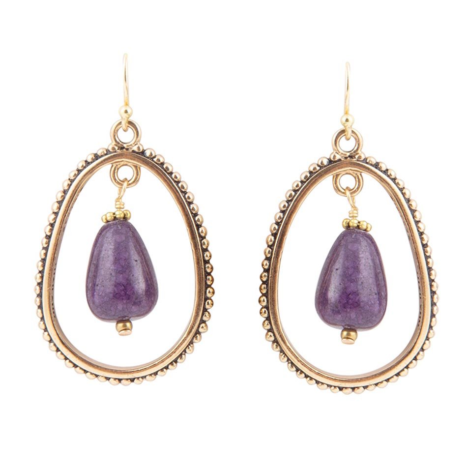 Inline Purple Jade Drop Golden Earrings - Barse Jewelry