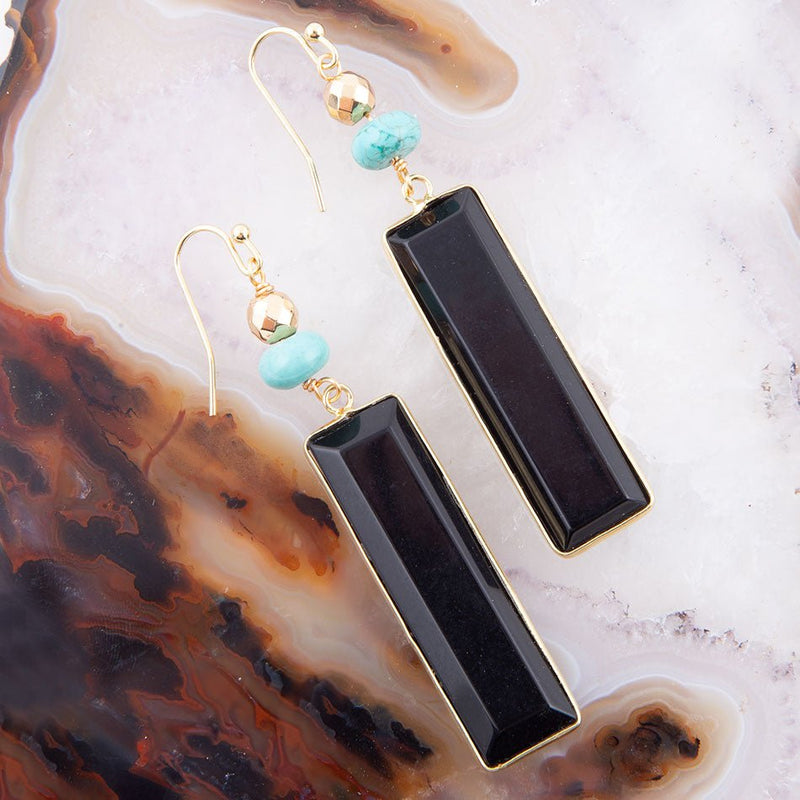 Jett Black Onyx Linear Golden Drop Earrings - Barse Jewelry