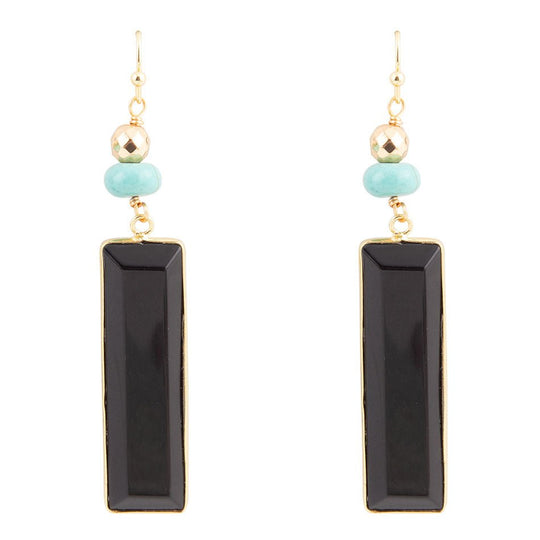 Jett Black Onyx Linear Golden Drop Earrings
