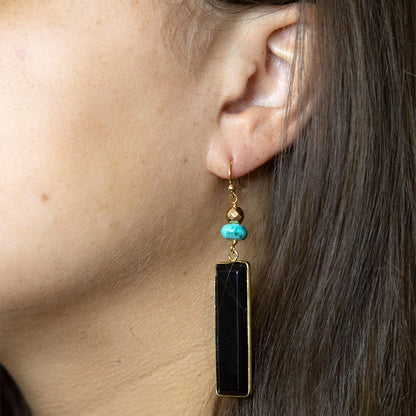 Jett Black Onyx Linear Golden Drop Earrings - Barse Jewelry