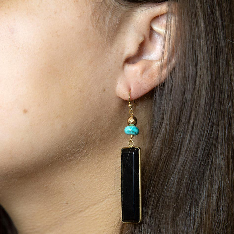Jett Black Onyx Linear Golden Drop Earrings - Barse Jewelry