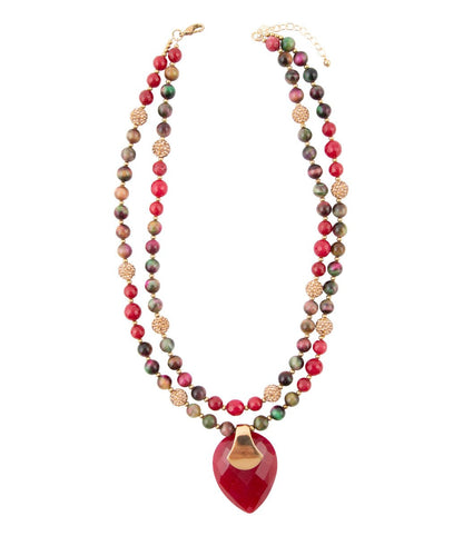 Jeweled Multi - Color Tiger's Eye and Rasberry Quartz Pendant Golden Necklace - Barse Jewelry