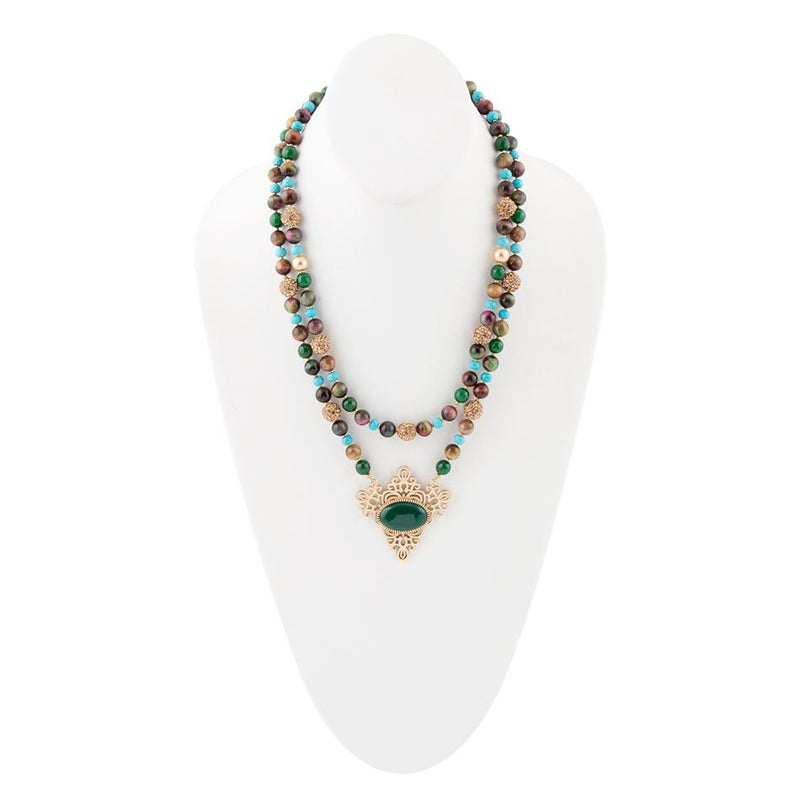 Jeweled Tyger's Eye and Green Onyx Golden Pendant Necklaces - Barse Jewelry