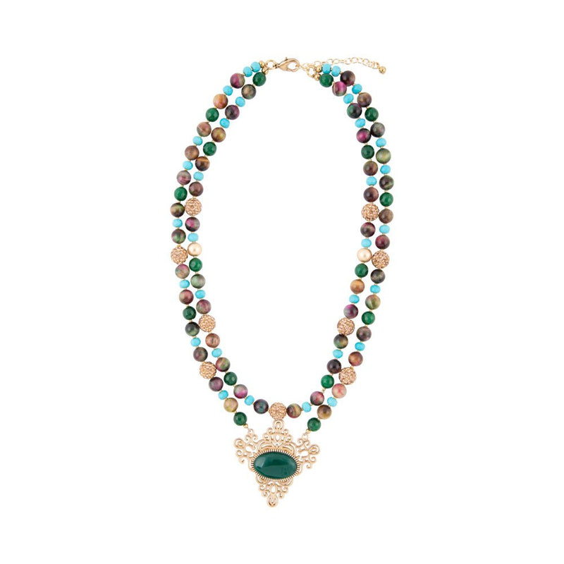Jeweled Tyger's Eye and Green Onyx Golden Pendant Necklaces - Barse Jewelry