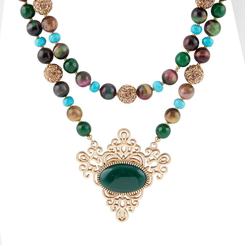 Jeweled Tyger's Eye and Green Onyx Golden Pendant Necklaces - Barse Jewelry