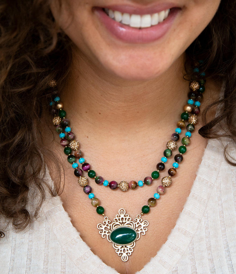 Jeweled Tyger's Eye and Green Onyx Golden Pendant Necklaces - Barse Jewelry