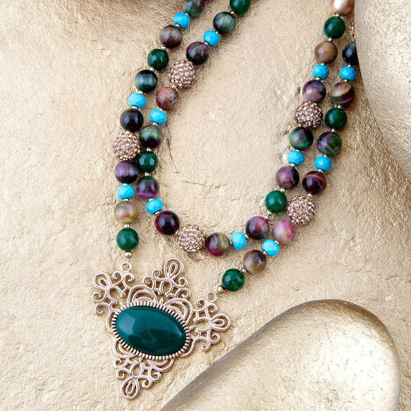 Jeweled Tyger's Eye and Green Onyx Golden Pendant Necklaces - Barse Jewelry