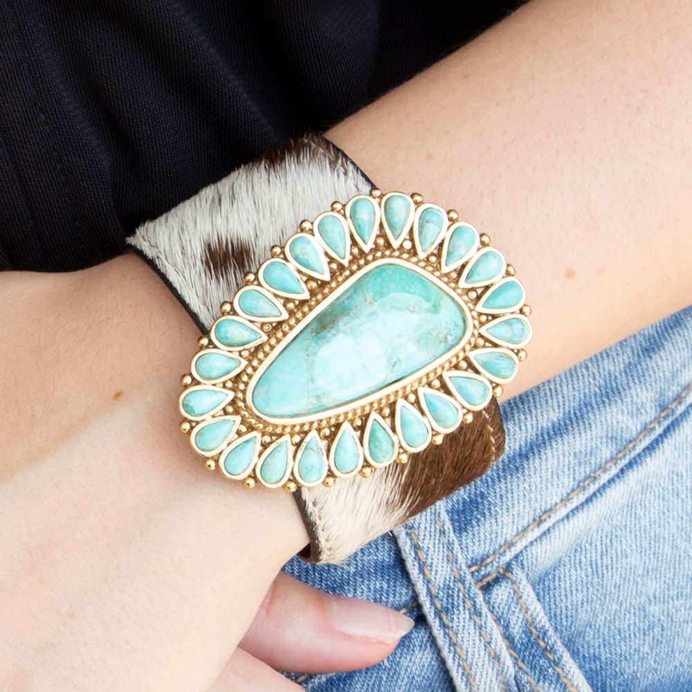 Cowgirl Up Turquoise and Cowhide Cuff Bracelet