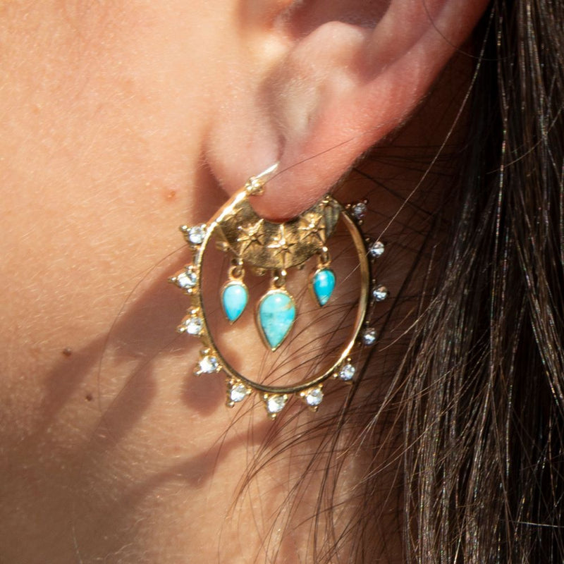 Celestial Blue Turquoise Golden Hoop Earrings