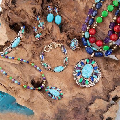 Concho Colorful Blue Turquoise Golden Statement Necklace