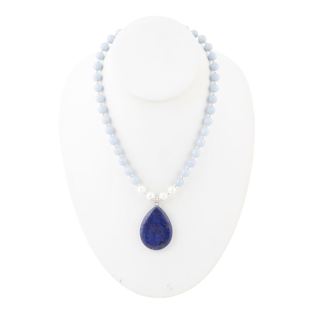 Denim Blue Angelite and Lapis Pendant Silver Necklace