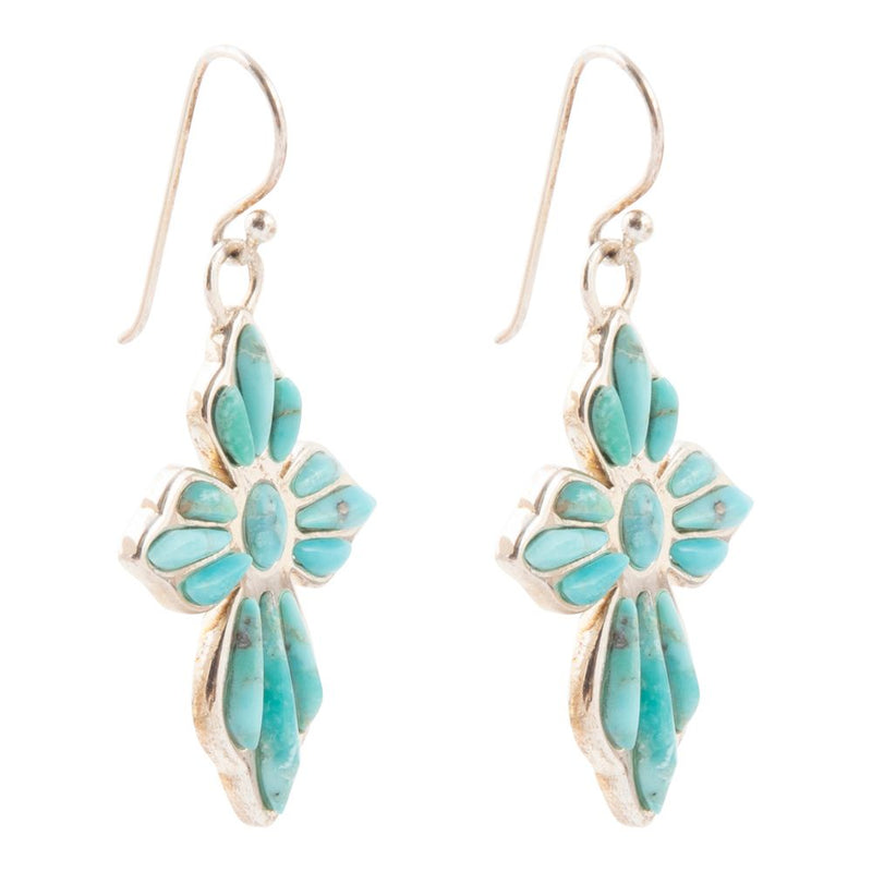 Blue Turquoise Cross Sterling Silver Drop Earrings