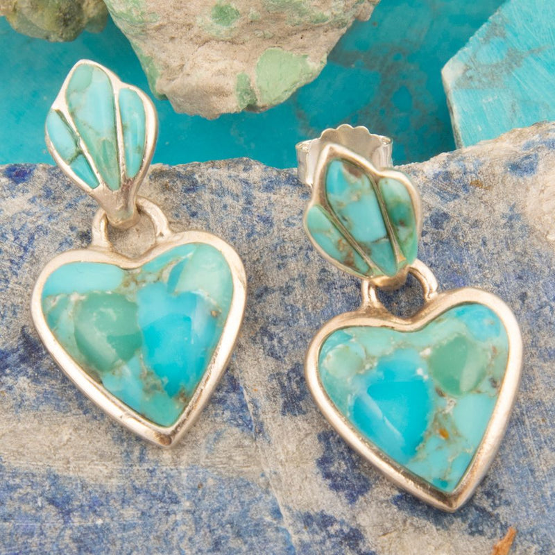 Blue Turquoise Heart Sterling Silver Drop Post Earrings