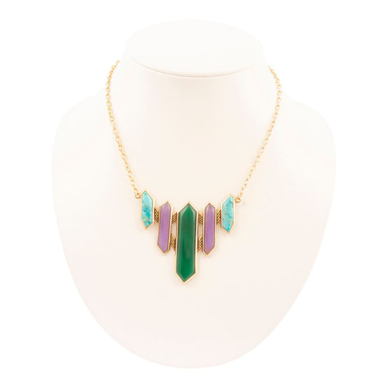 Deco Green and Purple Agate Golden Statement Necklace
