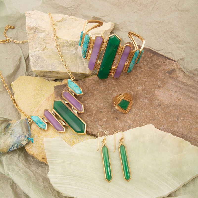 Deco Green and Purple Agate Golden Statement Necklace