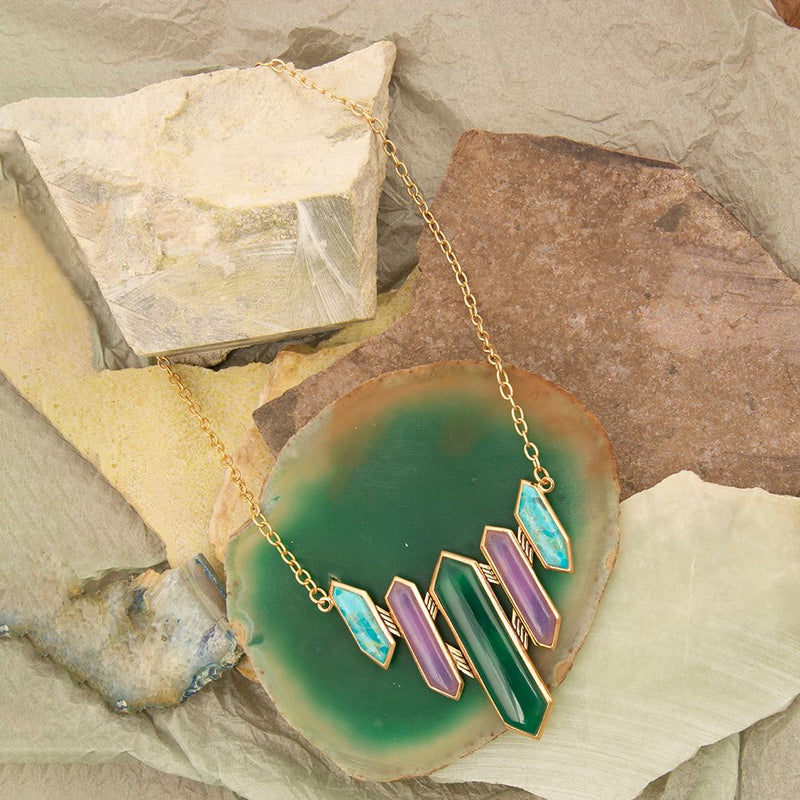 Deco Green and Purple Agate Golden Statement Necklace