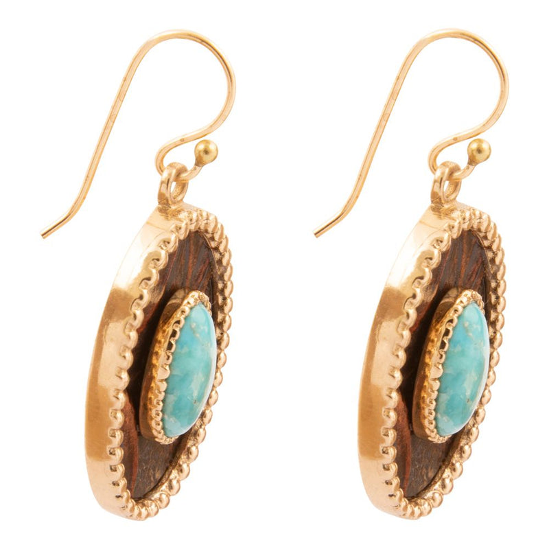 Blue Turquoise Rosette Leather and Golden Drop Earrings