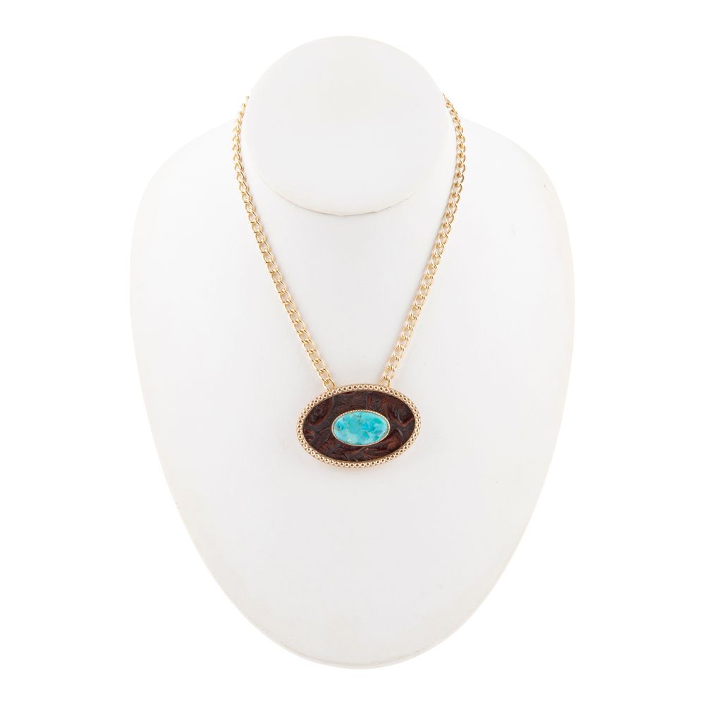 Blue Turquoise Rosette Leather Pendant Golden Chain Necklace