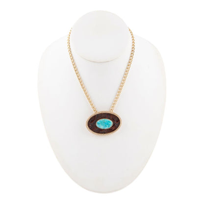 Blue Turquoise Rosette Leather Pendant Golden Chain Necklace