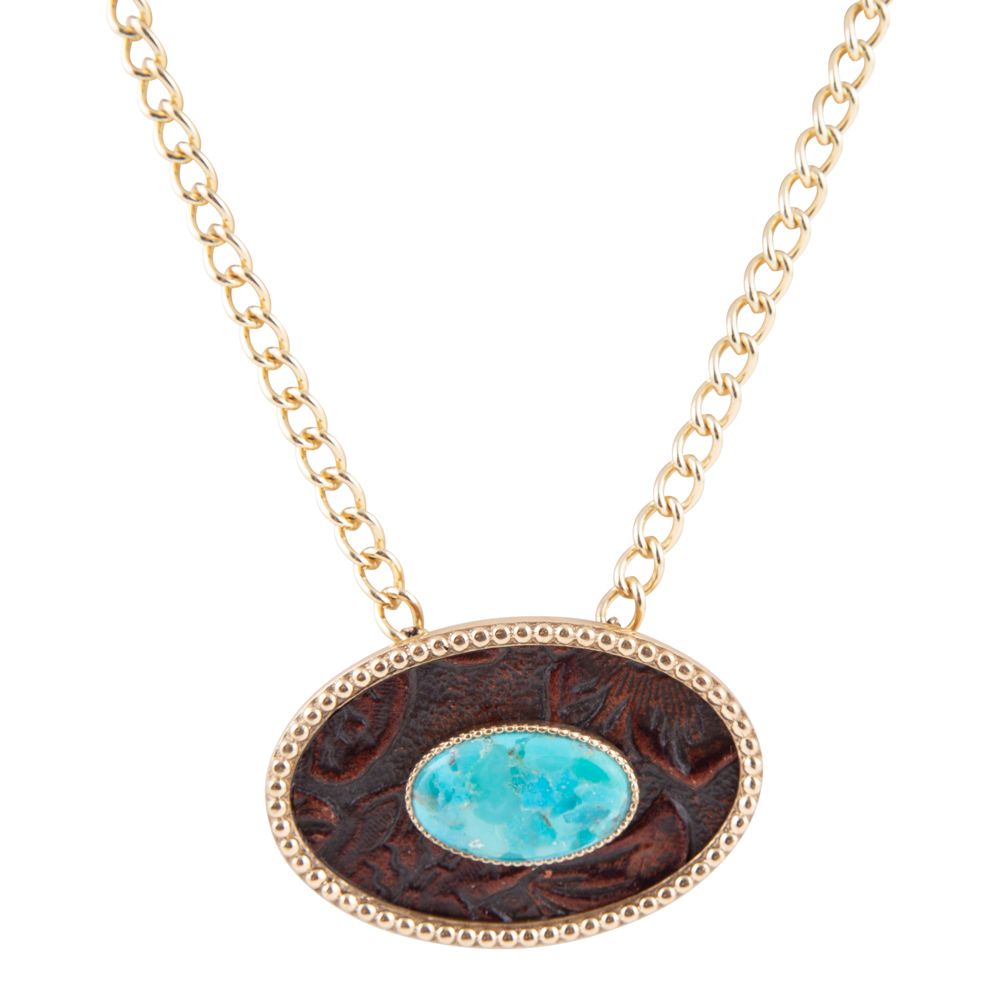 Blue Turquoise Rosette Leather Pendant Golden Chain Necklace