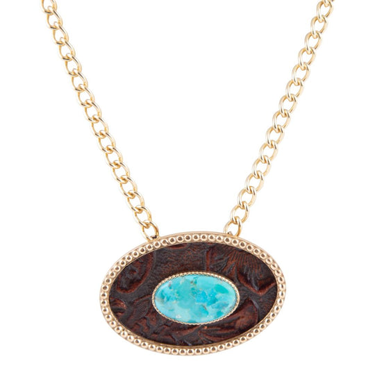 Blue Turquoise Rosette Leather Pendant Golden Chain Necklace