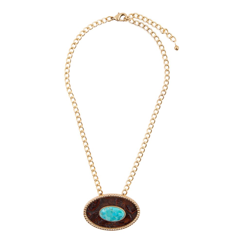Blue Turquoise Rosette Leather Pendant Golden Chain Necklace