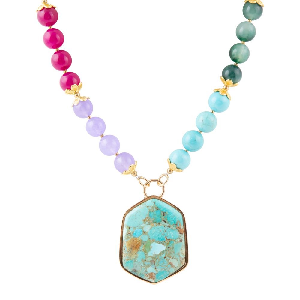 Kaleidoscope Multistone Blue Turquoise Pendant Golden Necklace - Barse Jewelry