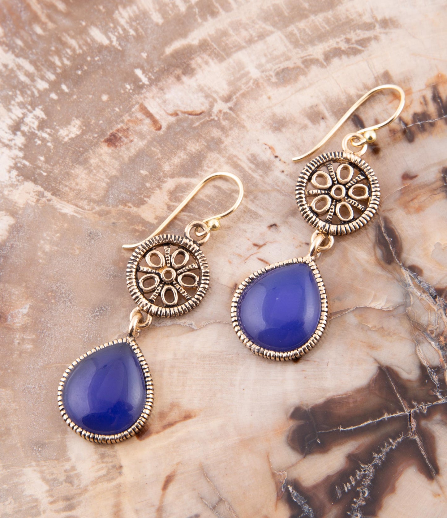 Lace Blue Agate Drop Golden Earrings - Barse Jewelry