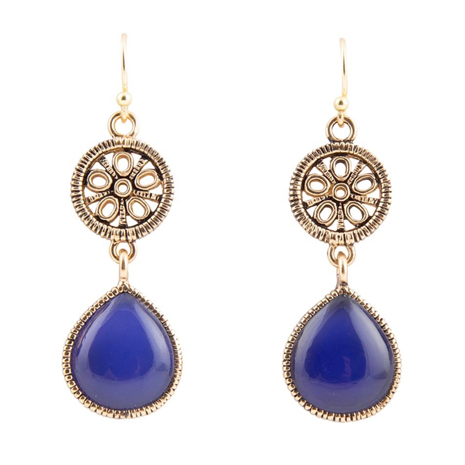 Lace Blue Agate Drop Golden Earrings - Barse Jewelry