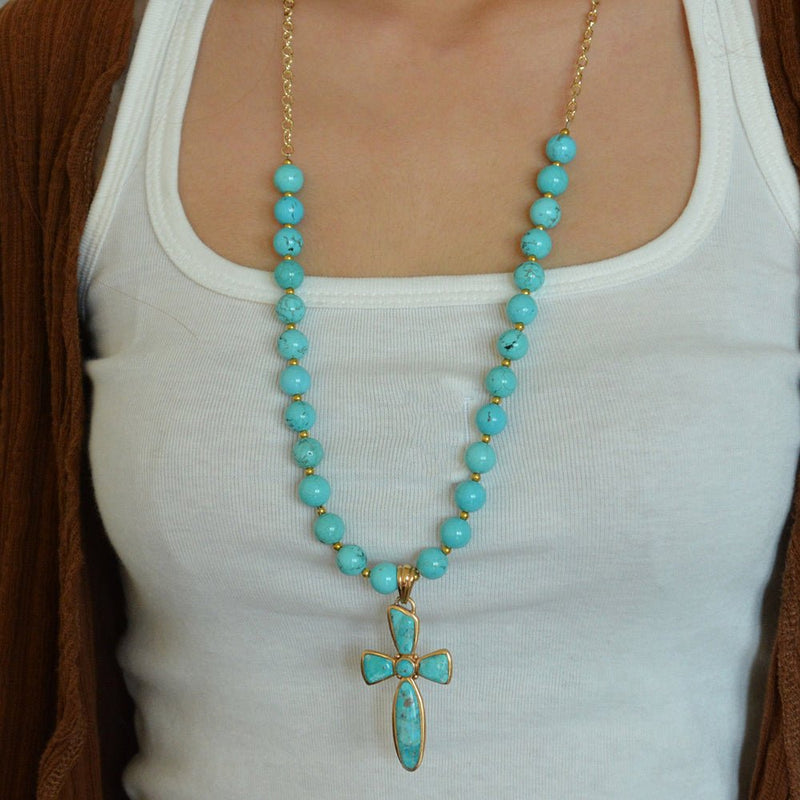 Las Cruces Blue Magnesite Cross Pendant Necklace - Barse Jewelry