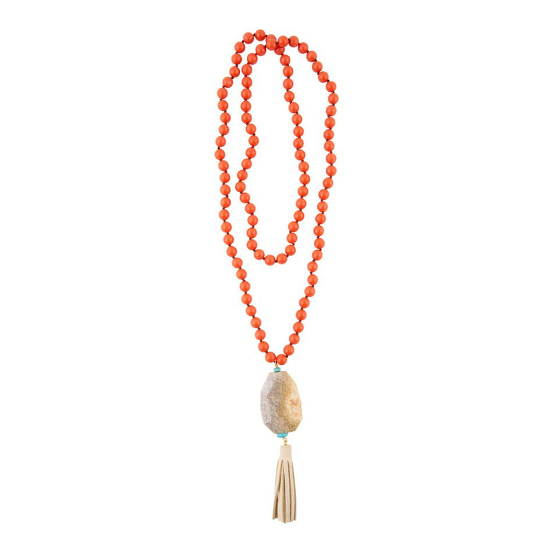 Leather Tassel and Pink Jade Goldtone Necklace - Barse Jewelry
