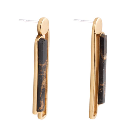 Linear Black and Gold Shungite Matrix and Golden Bronze Earrings - Barse Jewelry