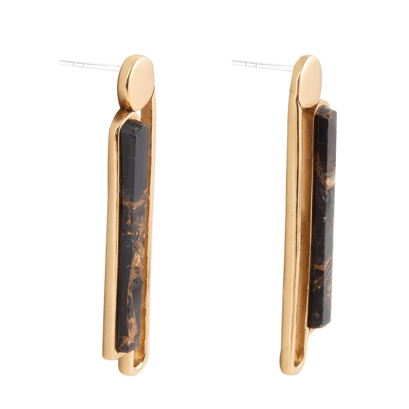Linear Black and Gold Shungite Matrix and Golden Bronze Earrings - Barse Jewelry