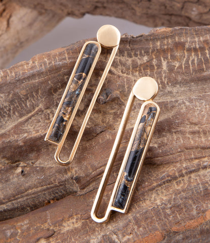 Linear Black and Gold Shungite Matrix and Golden Bronze Earrings - Barse Jewelry