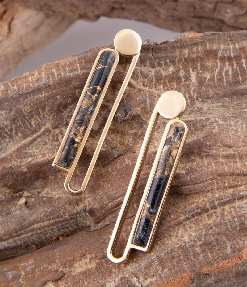 Linear Black and Gold Shungite Matrix and Golden Bronze Earrings - Barse Jewelry