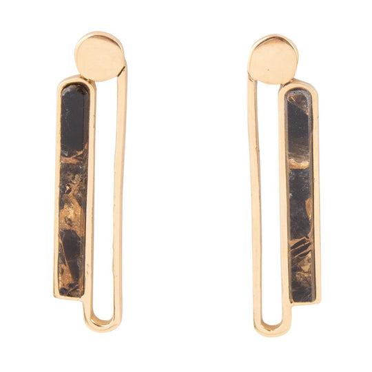 Linear Black and Gold Shungite Matrix and Golden Bronze Earrings