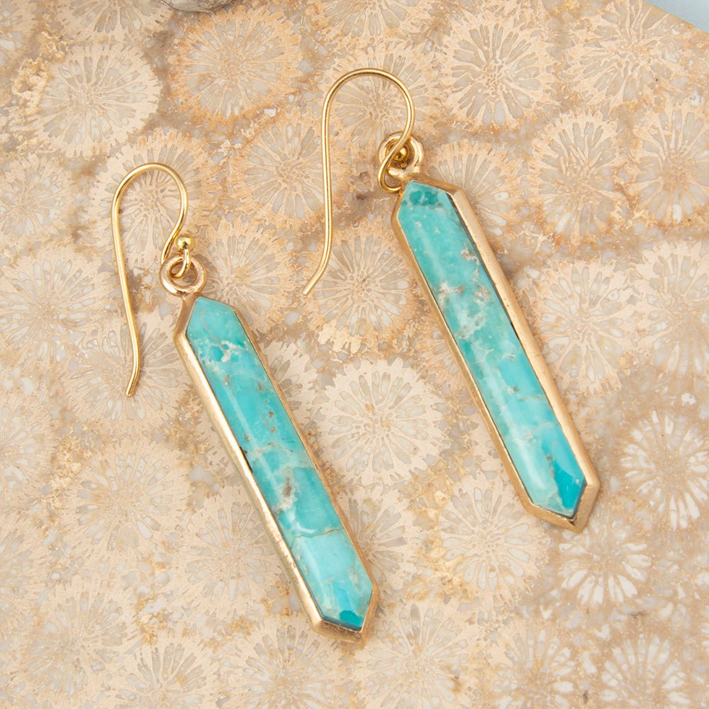 Linear Blue Turquoise Golden Drop Earrings - Barse Jewelry
