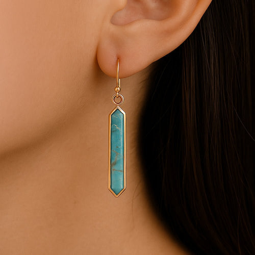 Linear Blue Turquoise Golden Drop Earrings - Barse Jewelry
