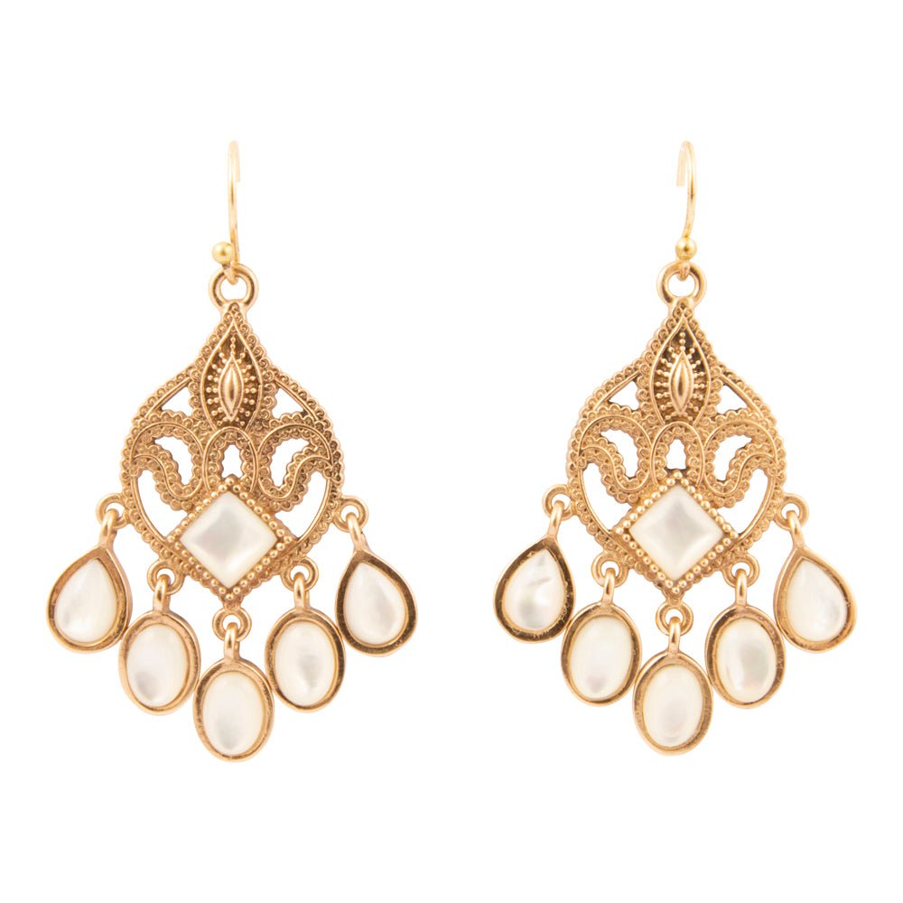 Luscious White Mother of Pearl Golden Chandelier Earrings - Barse Jewelry