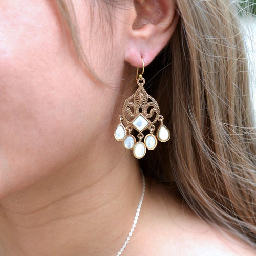Luscious White Mother of Pearl Golden Chandelier Earrings - Barse Jewelry