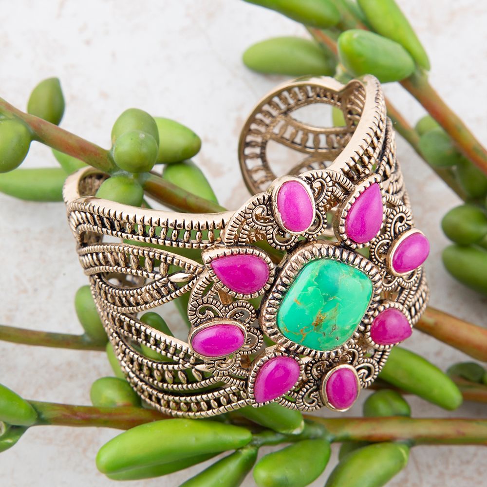 Madeira Lime and Pink Agate Statement Golden Cuff Bracelet - Barse Jewelry