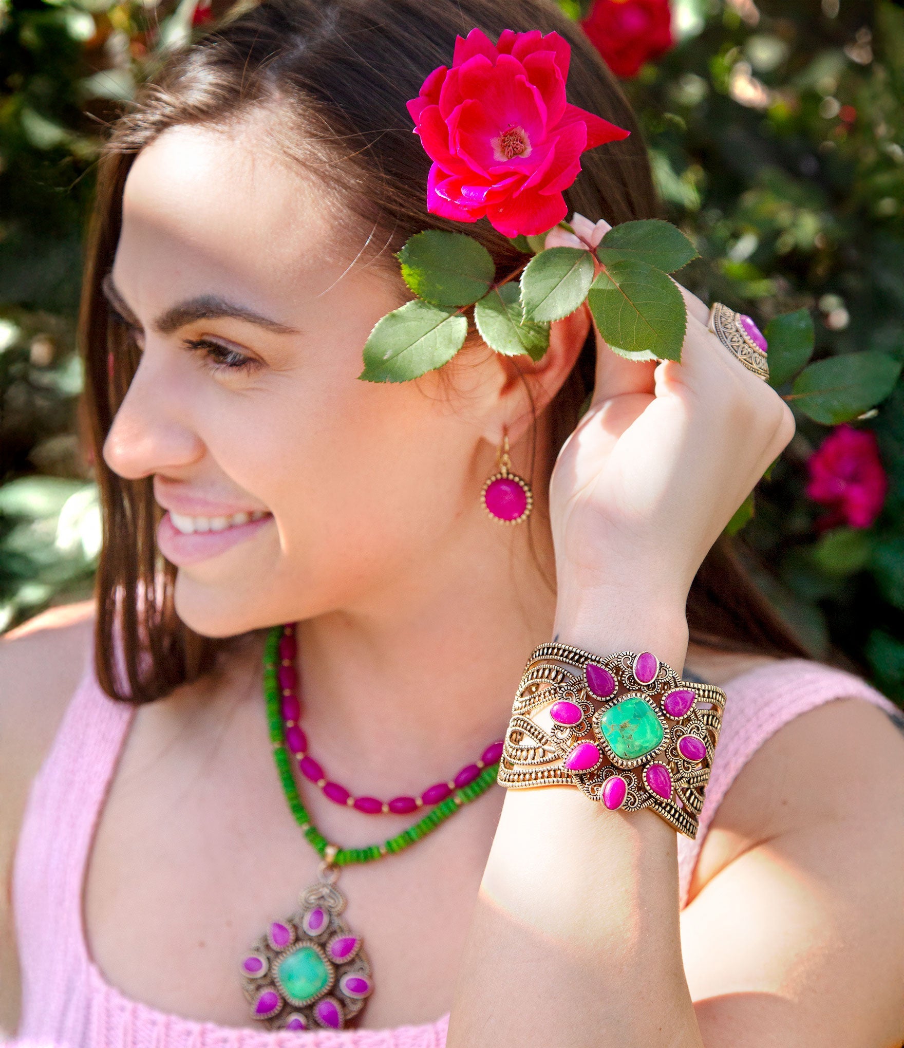 Madeira Lime and Pink Agate Statement Golden Cuff Bracelet - Barse Jewelry