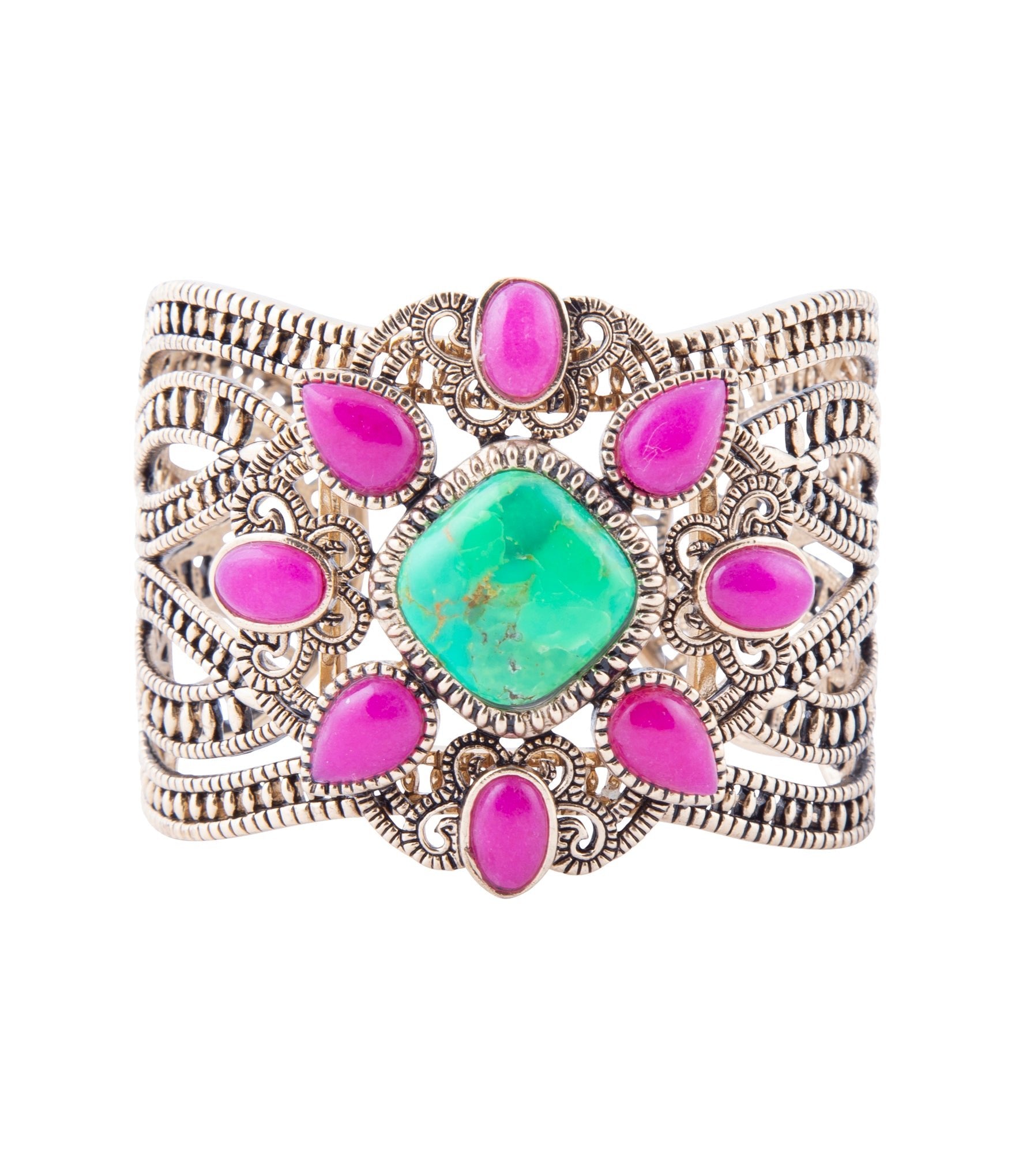 Madeira Lime and Pink Agate Statement Golden Cuff Bracelet - Barse Jewelry