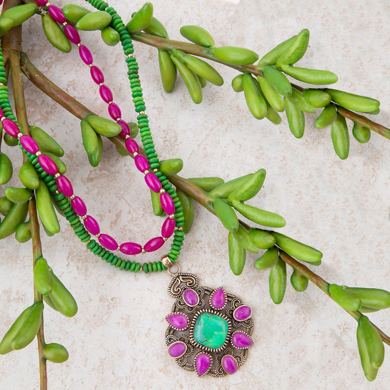 Madeira Lime Green and Pink Agate Statement Pendant Necklace - Barse Jewelry