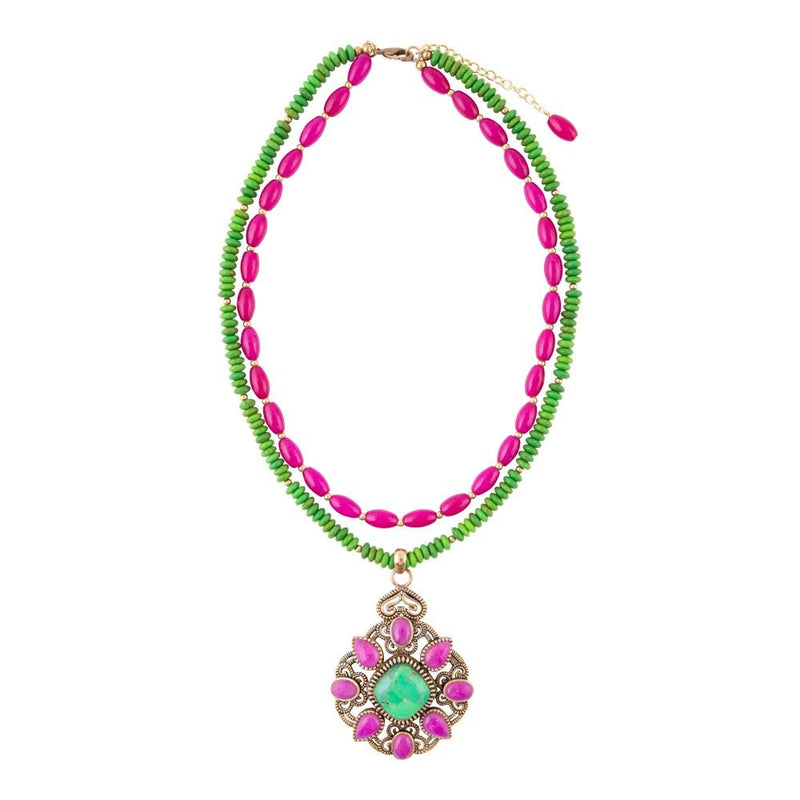 Madeira Lime Green and Pink Agate Statement Pendant Necklace - Barse Jewelry