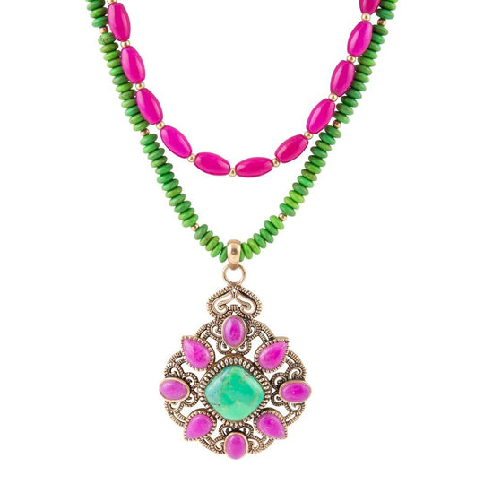 Madeira Lime Green and Pink Agate Statement Pendant Necklace