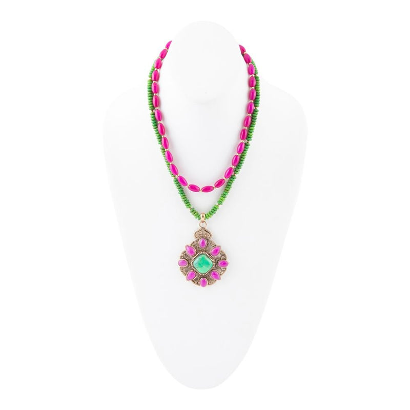Madeira Lime Green and Pink Agate Statement Pendant Necklace - Barse Jewelry