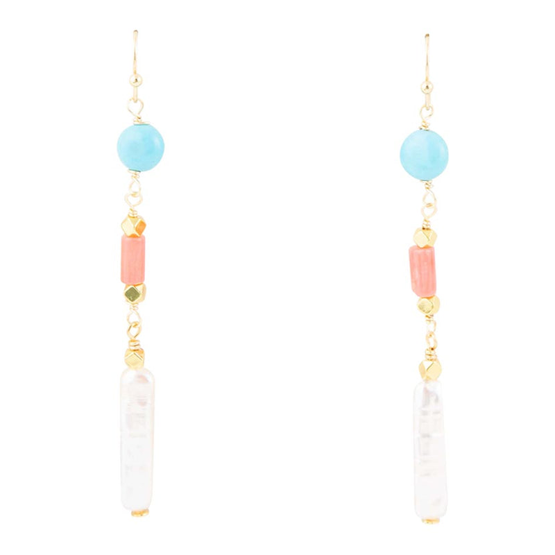 Madie Orange Coral and White Pearl Linear Golden Earrings - Barse Jewelry