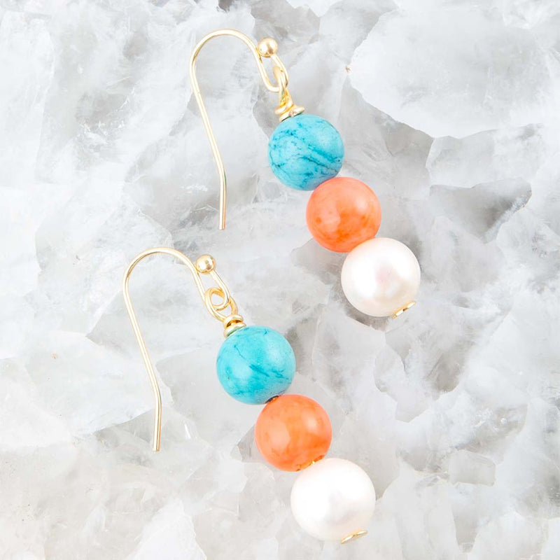 Madie Orange Coral, White Pearl and Turquoise Magnesite Drop Earrings - Barse Jewelry
