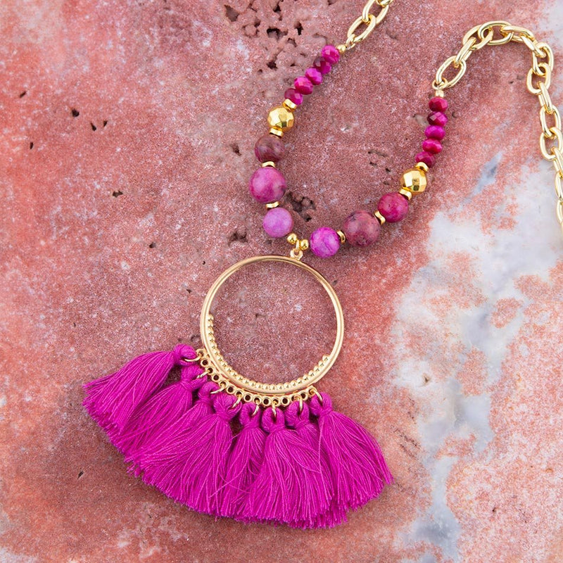 Magenta Dreams Agate Tassel Golden Necklace - Barse Jewelry
